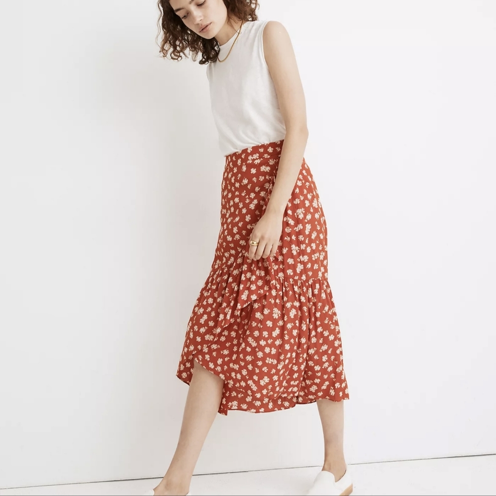 Madewell Ruffle-Wrap Midi Skirt in Happy Hibiscus